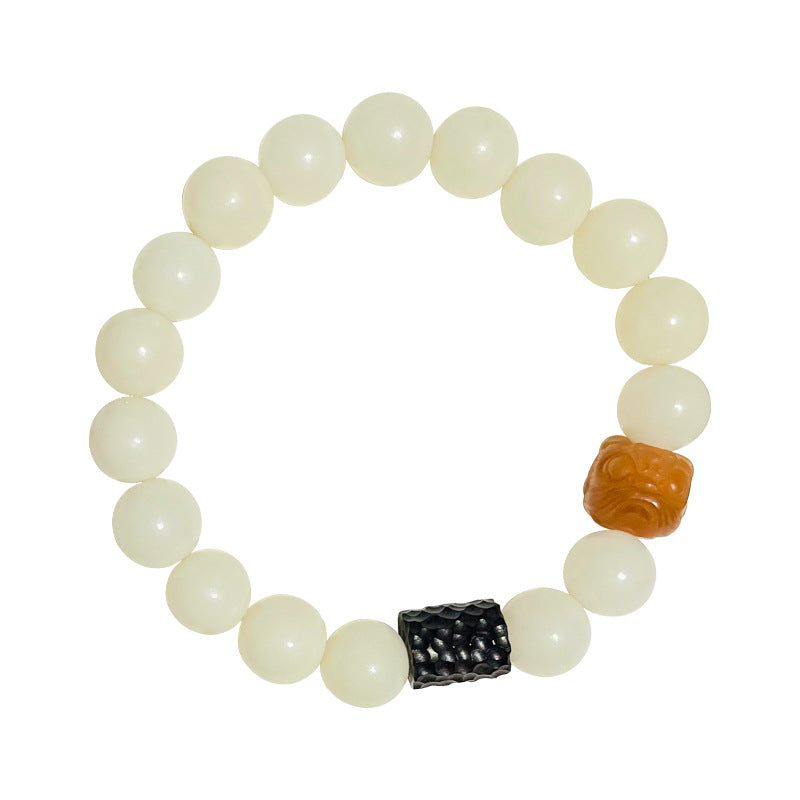 White Bodhi Jade and Sterling Silver Lion Bracelet