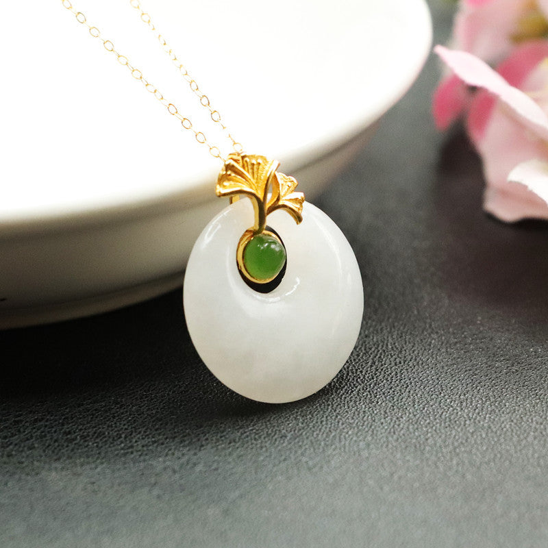 White Jade Ginkgo Leaf Necklace with Sterling Silver Buckle