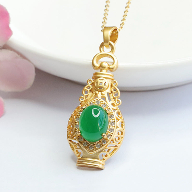 Imperial Green Chalcedony Vase Pendant Necklace with Ethnic Jewelry Design