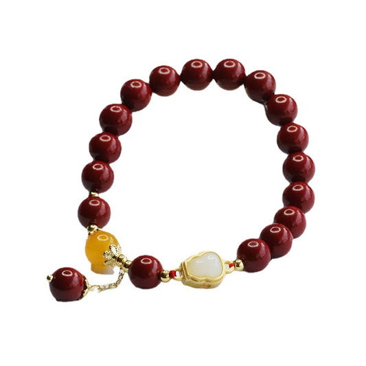 Gourd and Jade Sterling Silver Bracelet with Cinnabar Stones