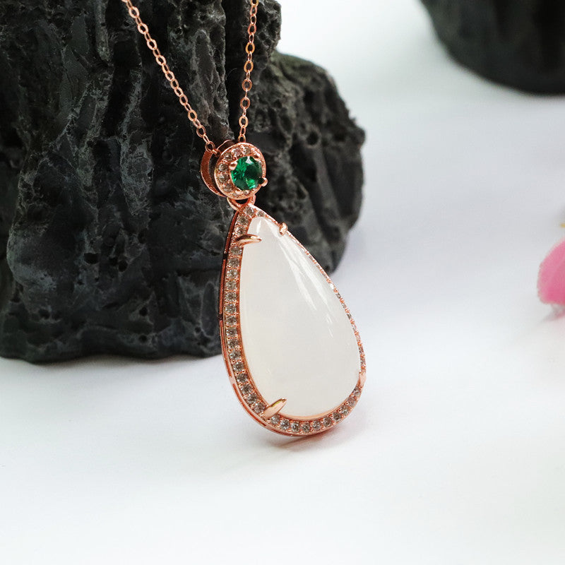 Water Droplet White Jade Necklace with Sterling Silver Jade Pendant