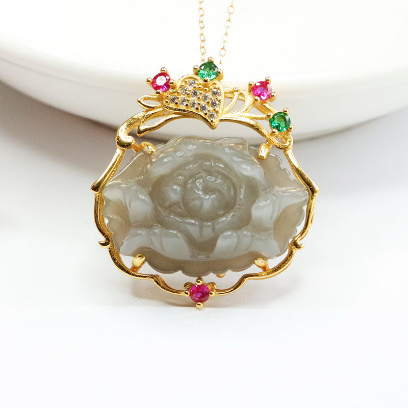 Purple Smoke Peony Flower Necklace with Natural Hetian Jade and Colorful Zircon