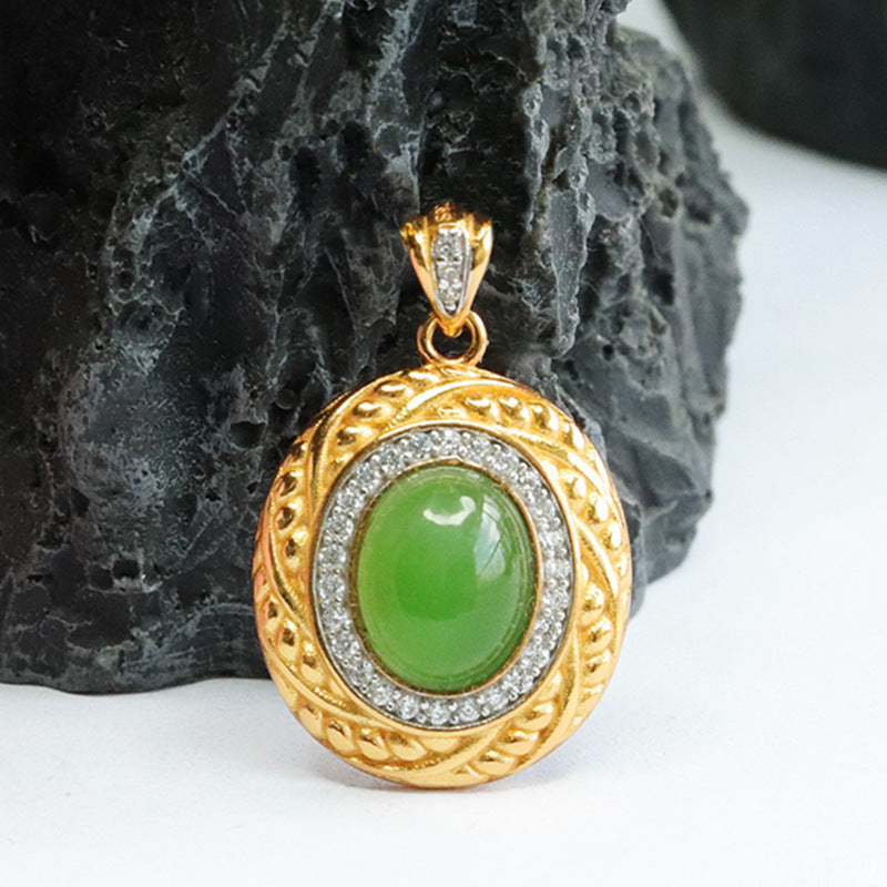 Vintage Antique Necklace with Hotan Jade and Zircon Oval Pendant