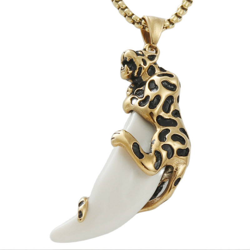 Trendy Titanium Steel Leopard Tusk Pendant Necklace for Men