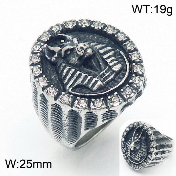 Retro Egyptian Sphinx-Inspired Zircon-Studded Men's Ring in Stainless Steel - Punk Jewelry for Modern Trends