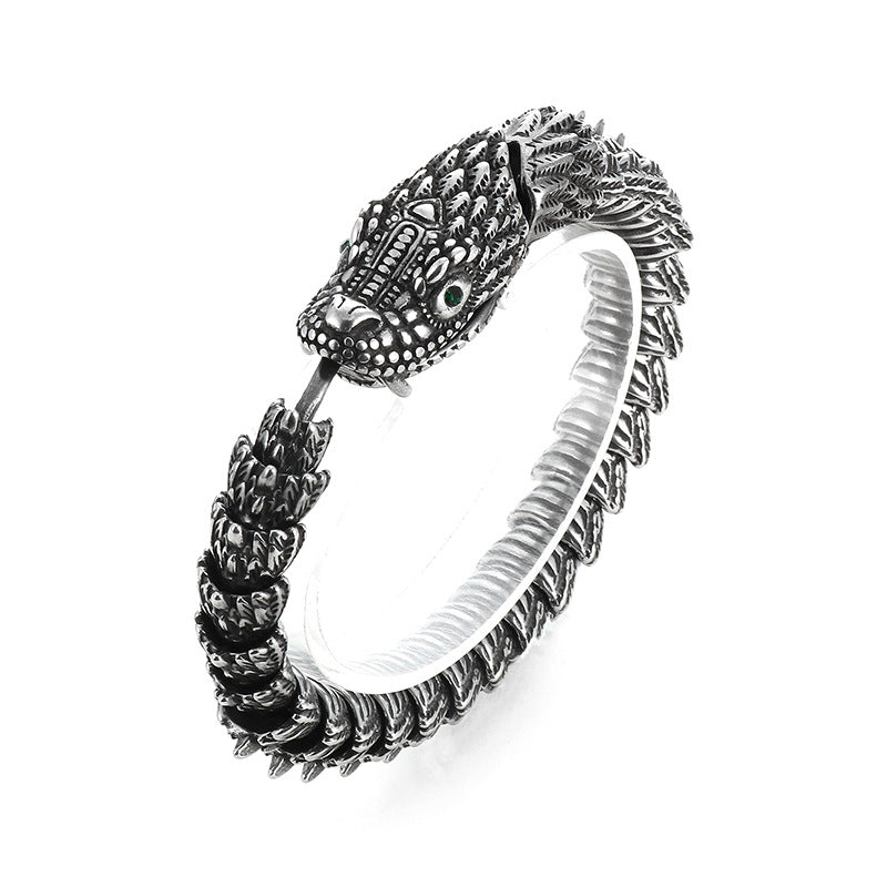 Punk Retro Dragon Bracelet for Men with Smeared Green Eyes in Titanium Steel