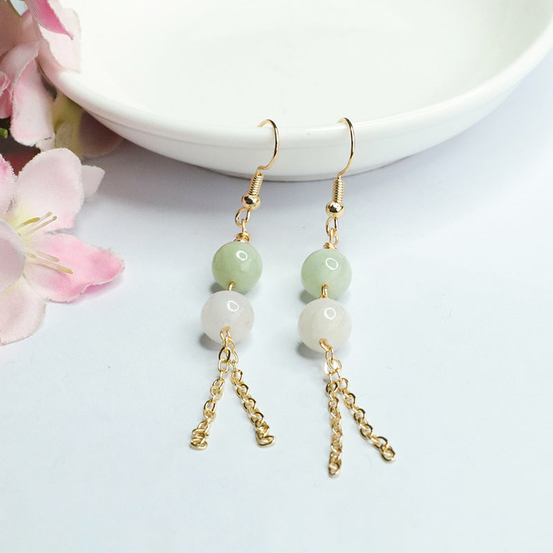 Jade Double Bead Tassel Earrings with Sterling Silver Ear Hooks