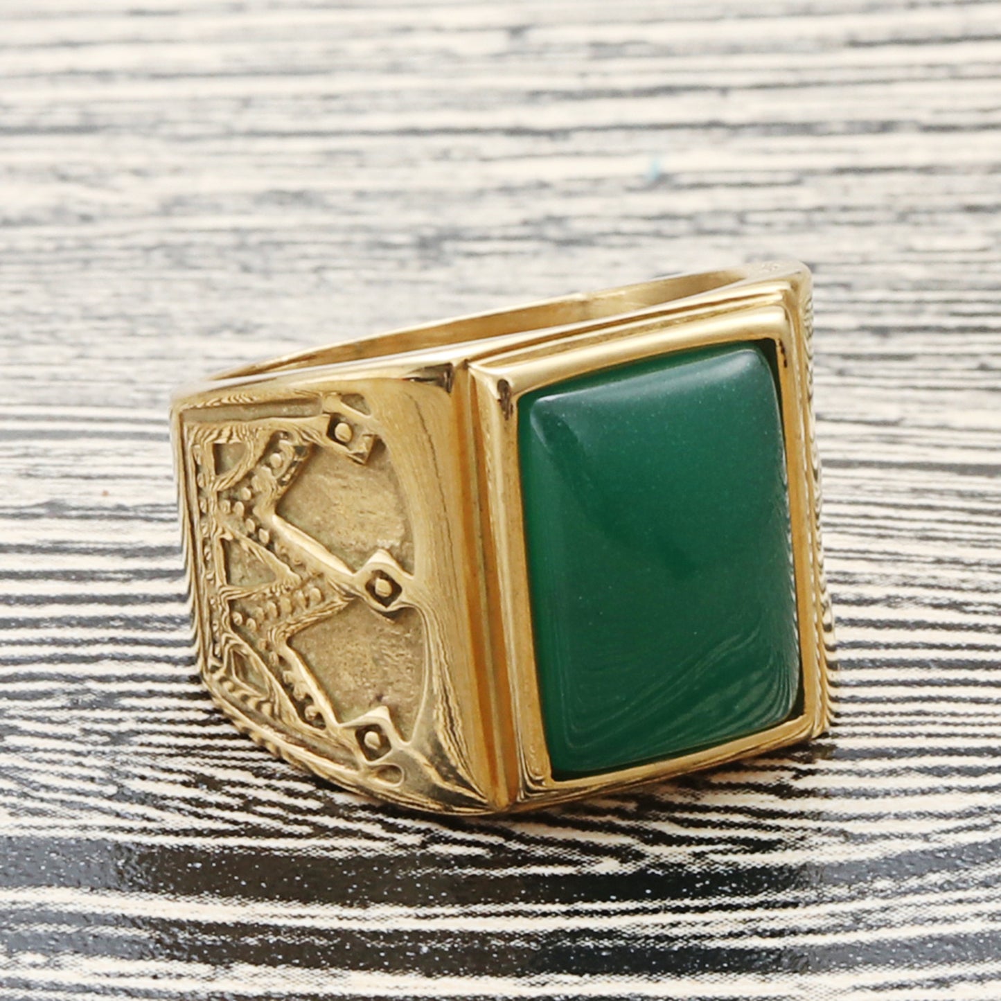 Titanium Steel Crown Ring with Green Gemstone - Retro Punk Style for Men