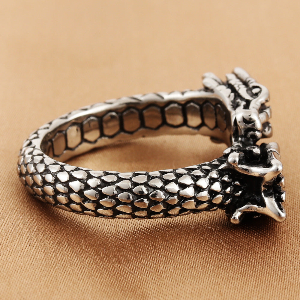 Titanium Steel Double-Headed Dragon Ring for Men - Retro Trendy European and American Jewelry