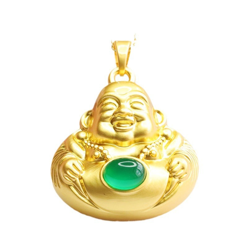 China-Chic Sterling Silver Maitreya Buddha Pendant with Natural Red Agate and Green Chalcedony