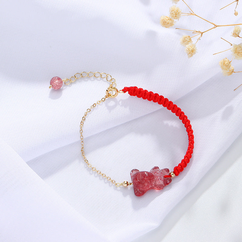 Crystal Fortune Bracelet with Sterling Silver Bear and Strawberry Design