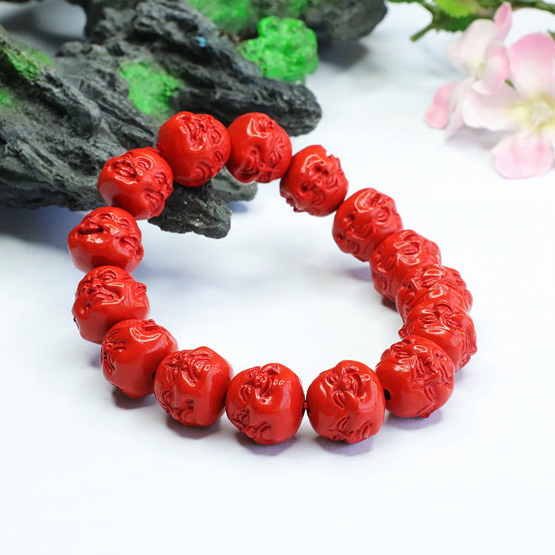 Vermilion Buddha Head Bracelet with Four-Sided Buddha Red Sand and Cinnabar Stone