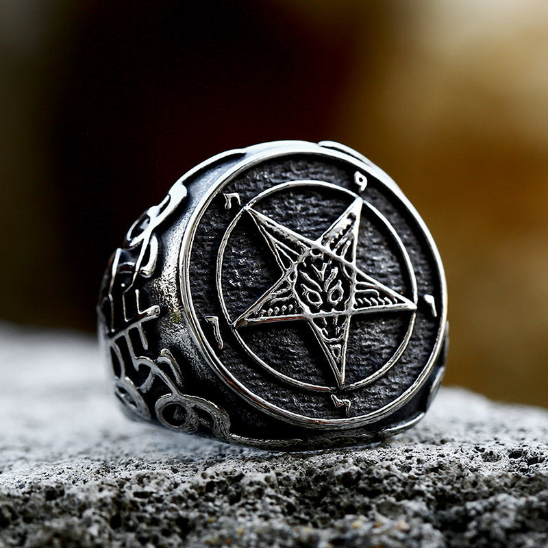 Men's Retro Devil Pentagram Titanium Steel Ring - Unique Satanic Design