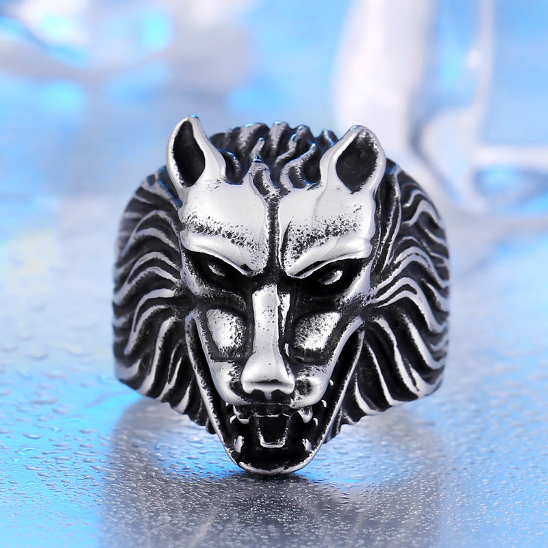 Retro Men's Titanium Steel Wolf Head Ring - European and American Style Wholesale