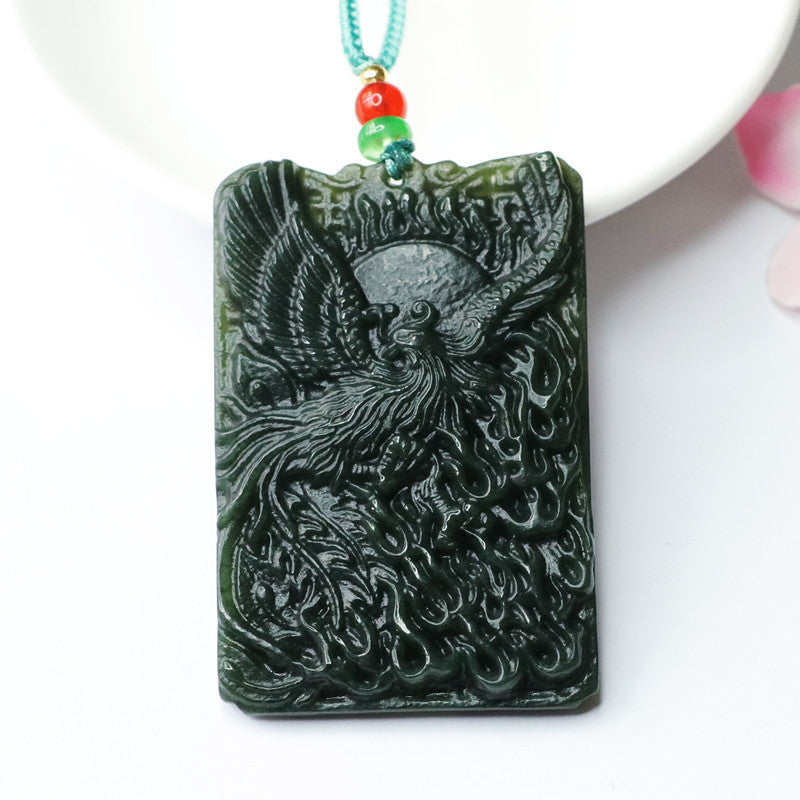 Hetian Jade Phoenix Carving Sterling Silver Necklace