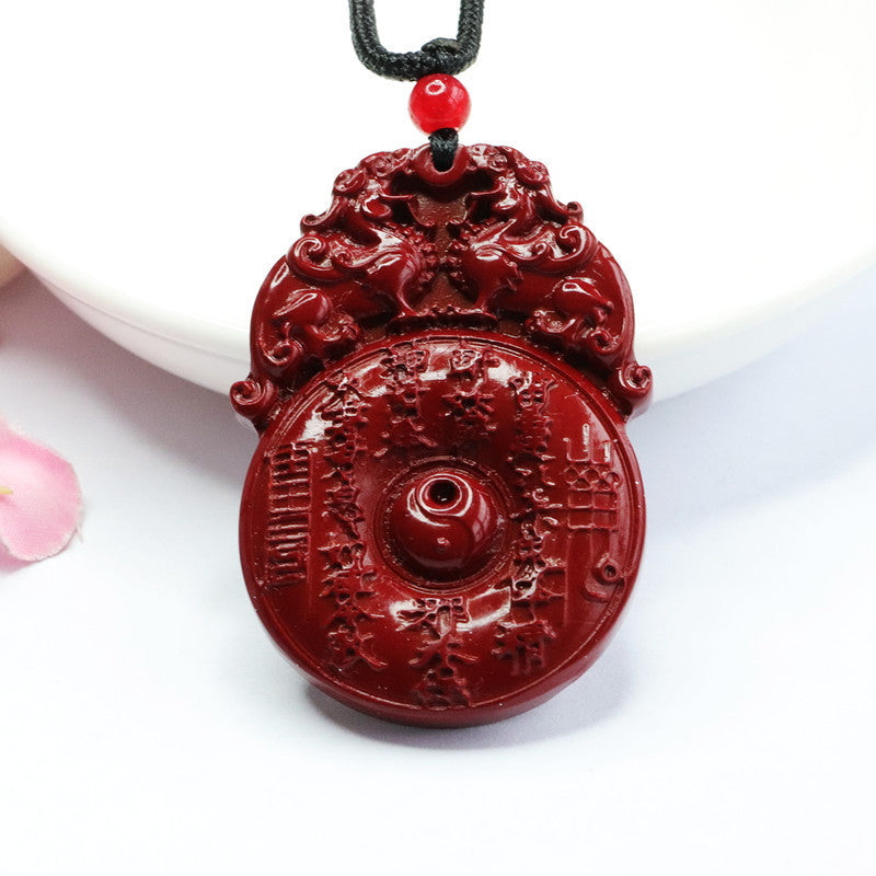 Vermilion Sand Pendant With Purple Gold Sand Double Pixiu Bagua Symbols