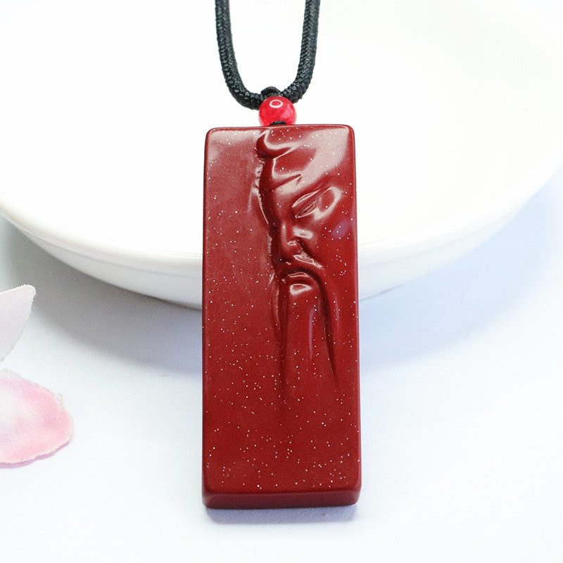 Purple Gold Sand Cinnabar Guanyu Rectangle Pendant with Sterling Silver