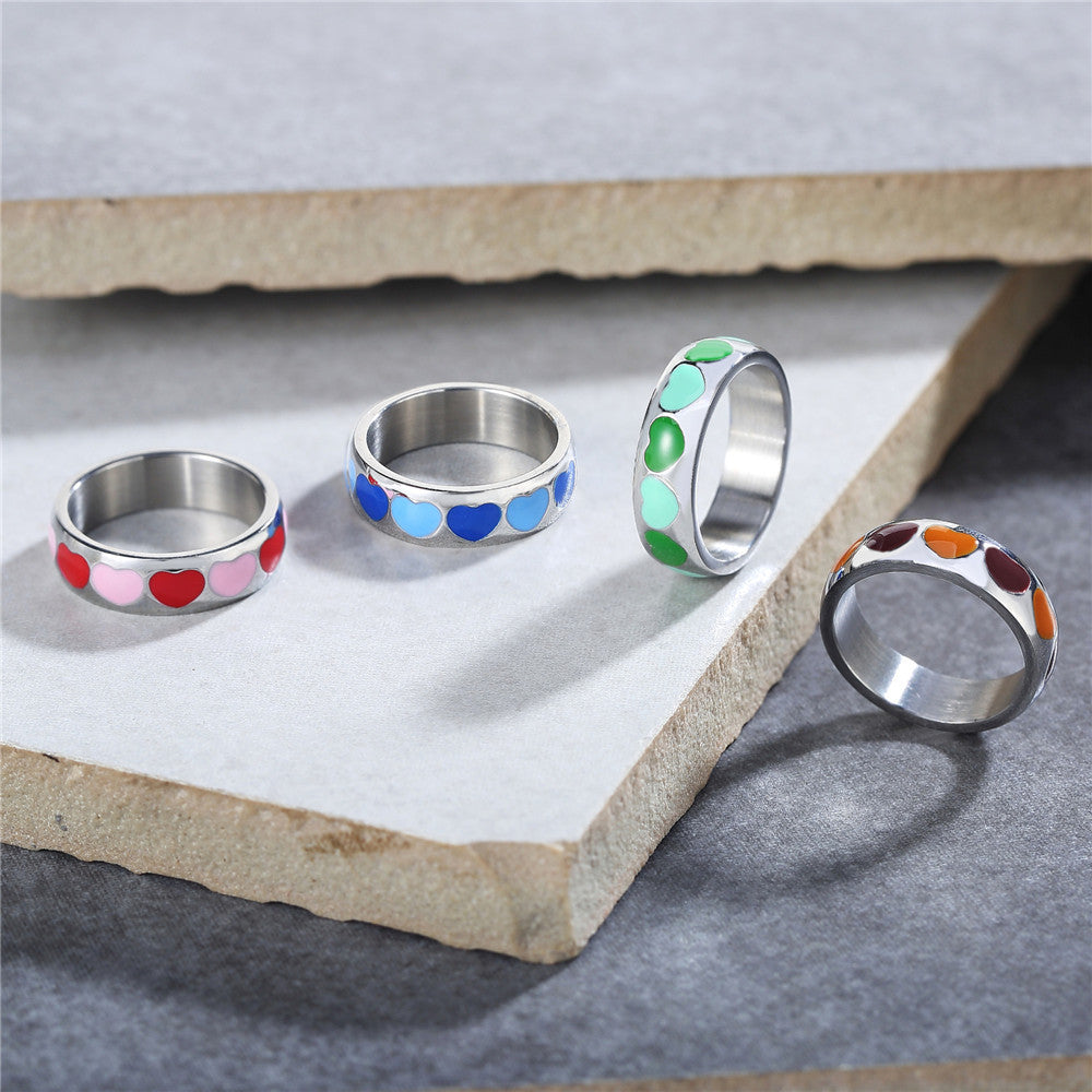 Rainbow Heart Epoxy Ring in Y2K Style - Titanium Steel