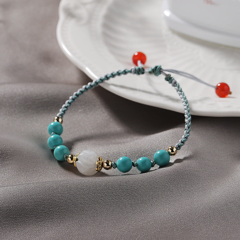 Women's Sterling Silver Braided Bracelet with Natural Turquoise, Red Agate, and Jade Beads