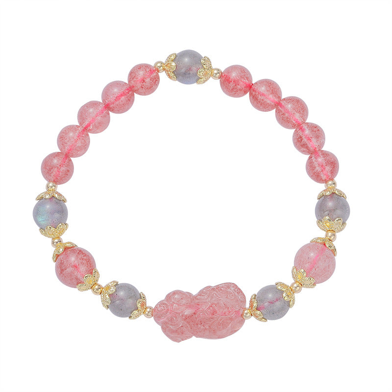 Strawberry Crystal Pixiu Bracelet with Gray Moonlight for Wealth Transfer