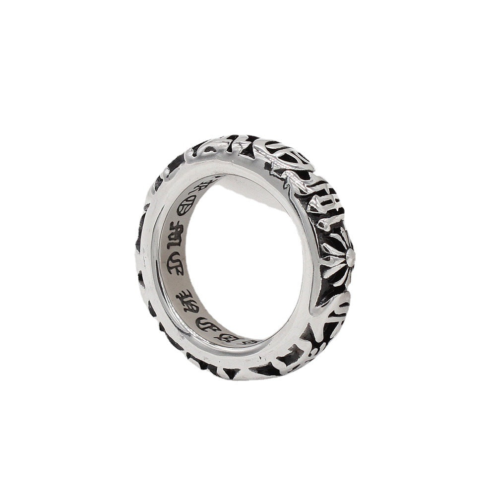 Relief Gothic Text Cross Flower Titanium Steel Ring for Men