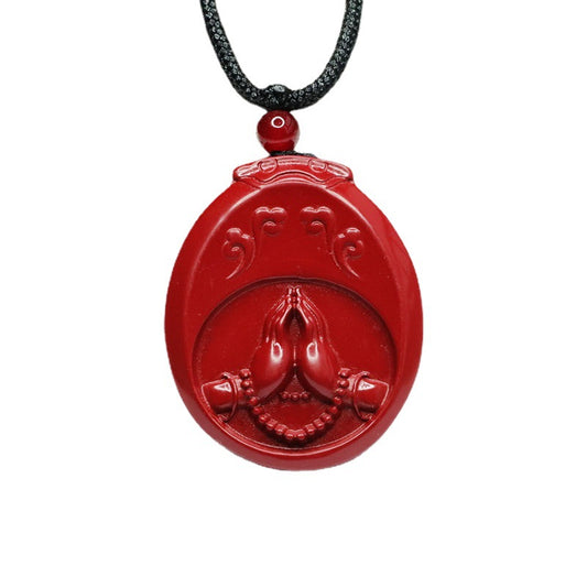 Handcrafted Cinnabar Stone Buddha Hand Pendant in Sterling Silver