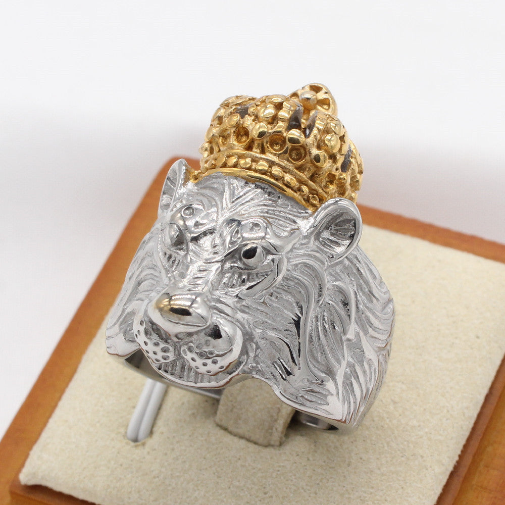 Personalized Retro Crown Lion Men's Titanium Steel Ring for Wholesale in European and American Style