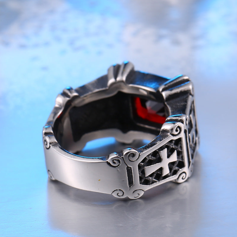 Trendy Retro Men's Thai Silver Ring with Titanium Steel and Zircon Inlay