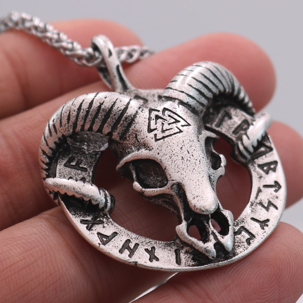 Nordic Viking Rune Sheep Head Pendant Necklace - Men's Wholesale Jewelry