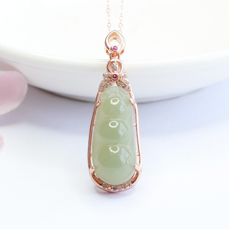 Hetian Jade Sterling Silver String Bean Pendant Necklace