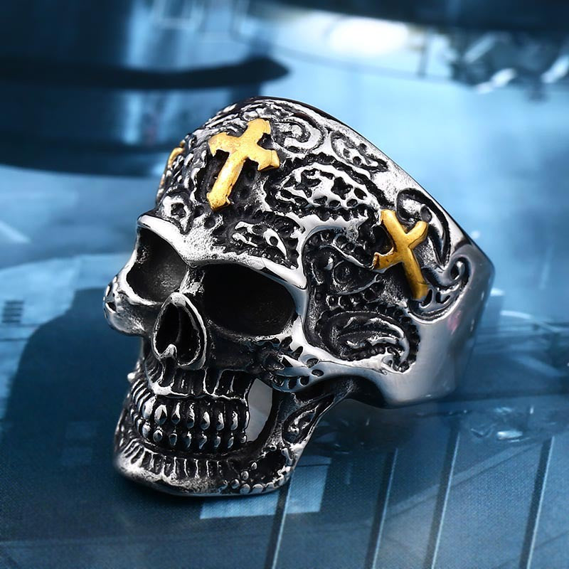 Men's Customizable Gold-Plated Titanium Steel Skull Cross Ring - Edgy Punk Jewelry