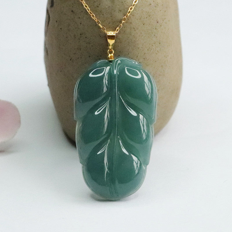 Jade Leaf Pendant Necklace with Sterling Silver Chain