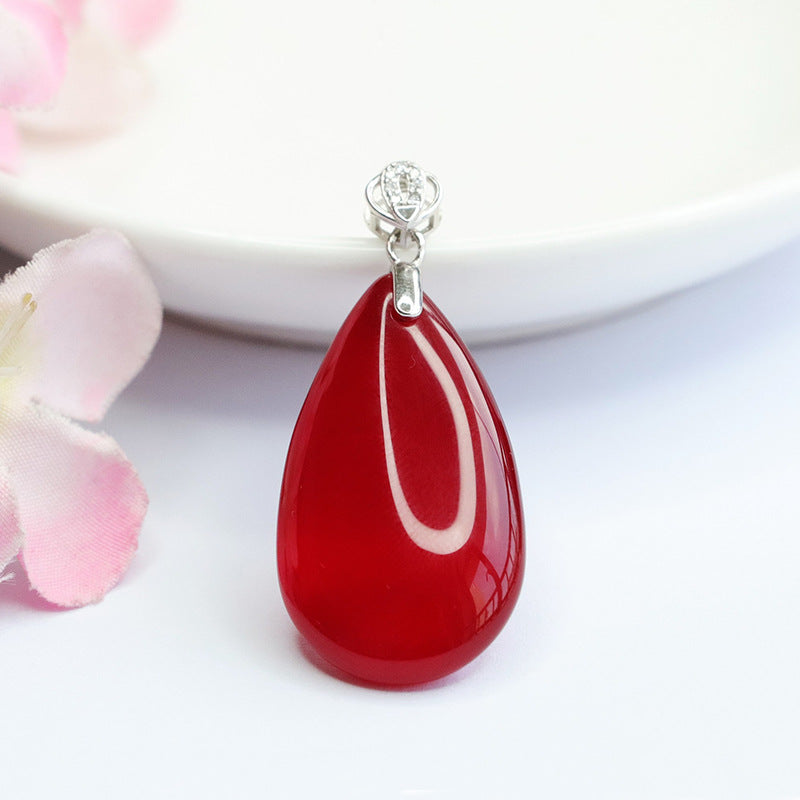 S925 Sterling Silver Natural Red Agate Droplet Pendant Necklace