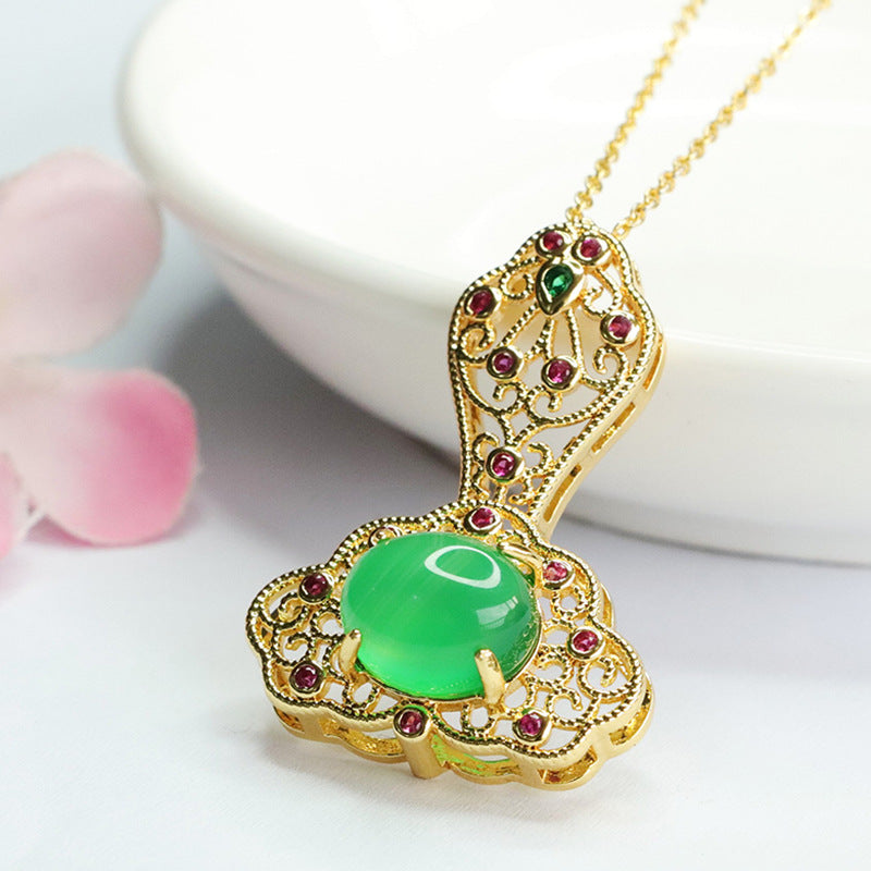 Auspicious Cloud Ruyi Golden Pendant with Ice Green Chalcedony and Red Agate in Ethnic Style