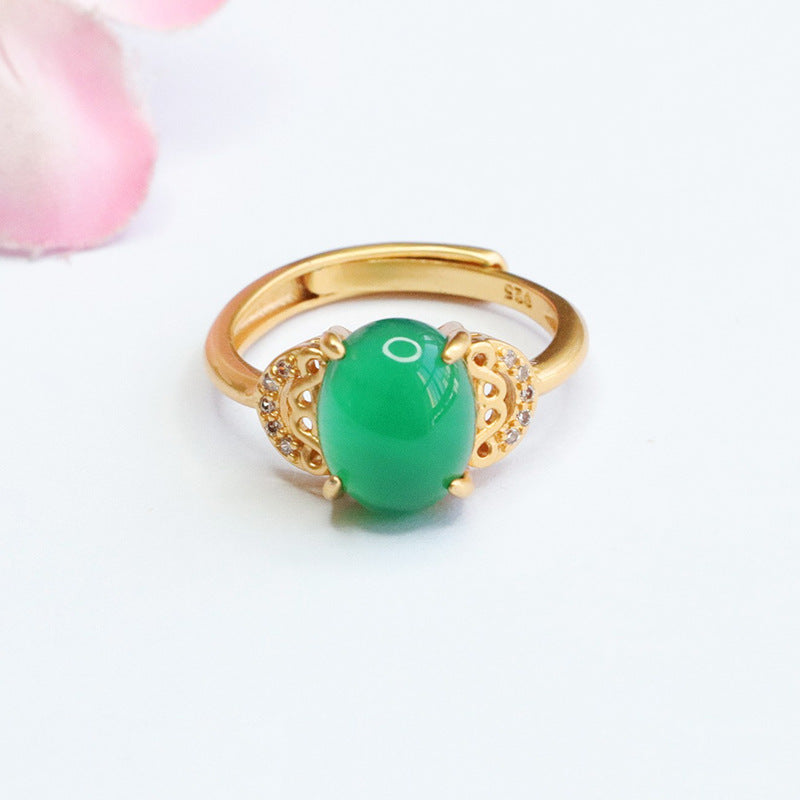 Ethnic Style Hollow Ruyi Ring with Green Chalcedony Zircon Ice Emperor Touch