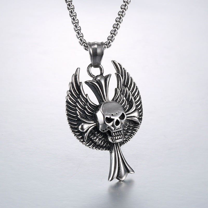 Titanium Steel Winged Skull Pendant for Men - Bold European and American Design