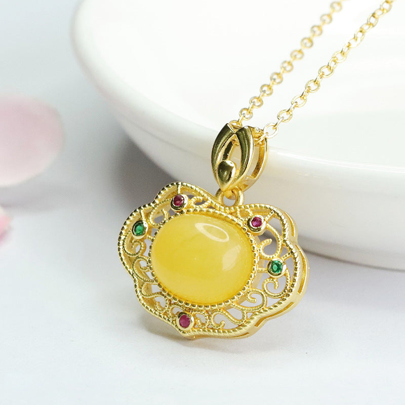 Amber Honey Wax Pendant with Sterling Silver Ruyi Design Jewelry for Women