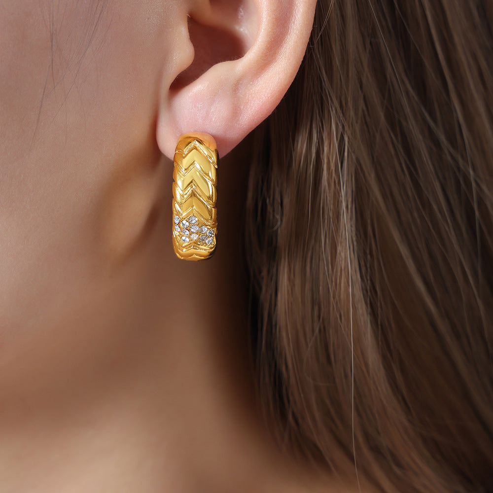 Elegant Zircon Inlaid C-shaped Earrings - Titanium Steel 18K Gold Plated Women's Jewelry