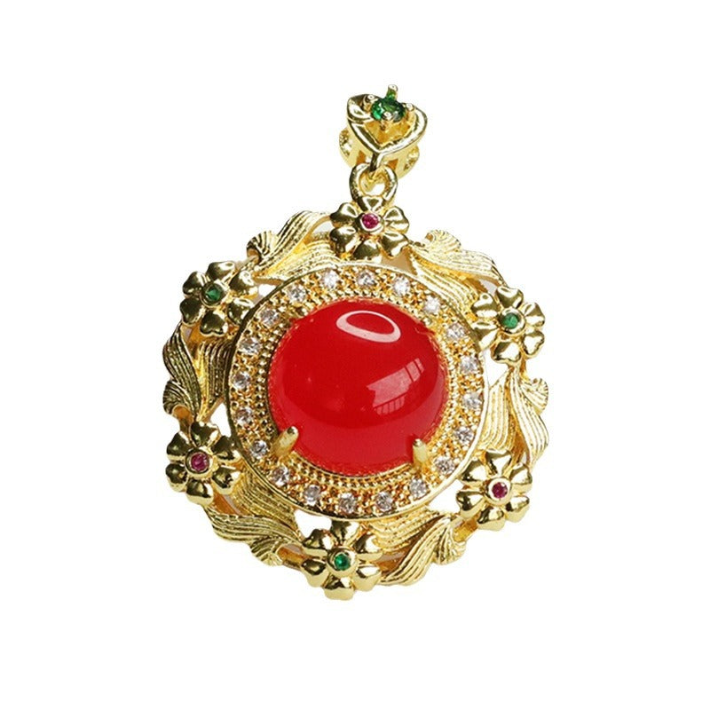 Circular Red Agate Golden Flower Necklace With Chalcedony Detail