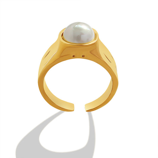 Vintage-Inspired Imitation Pearl Ring in Gold Plated Titanium Steel