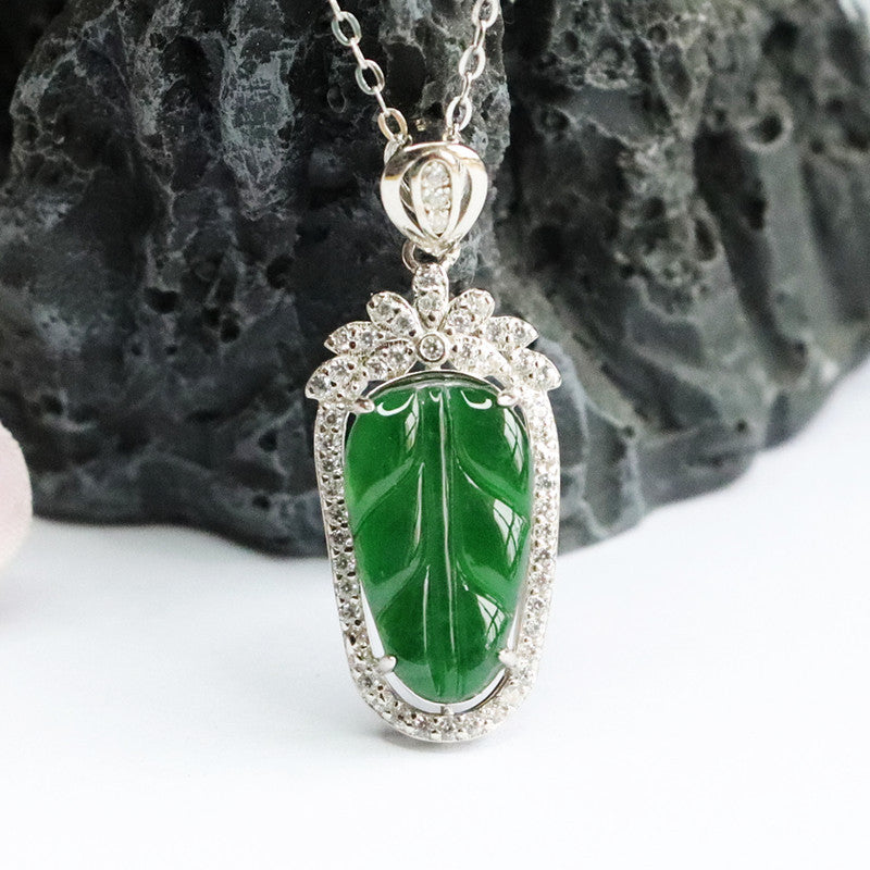 Starlight Sage Sterling Silver Jade Leaf Necklace with Zircon Embellishments