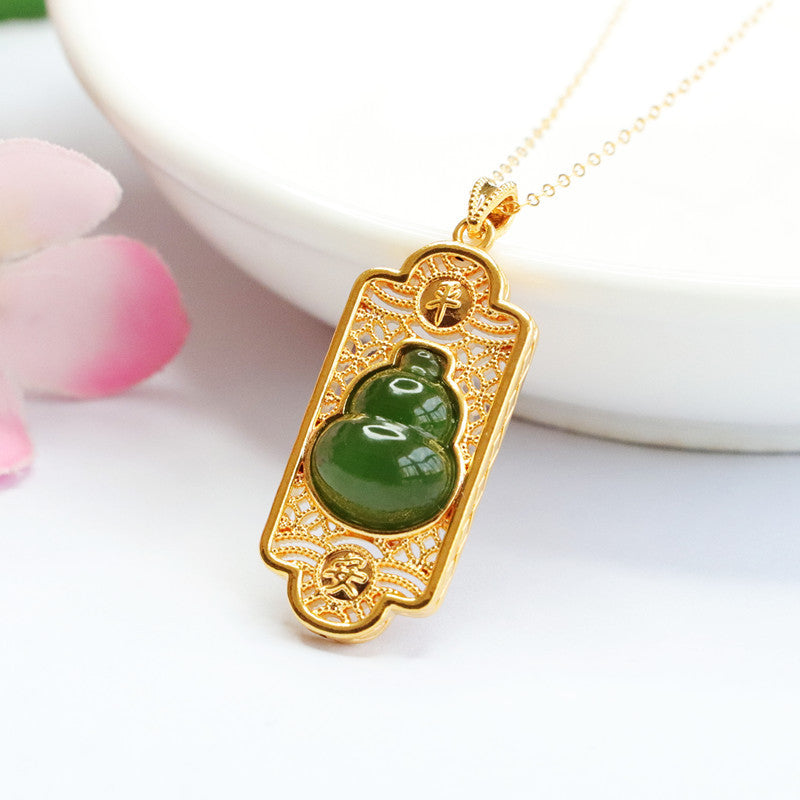 Jasper Gourd Hollow Rectangle Sterling Silver Necklace with Hetian Jade