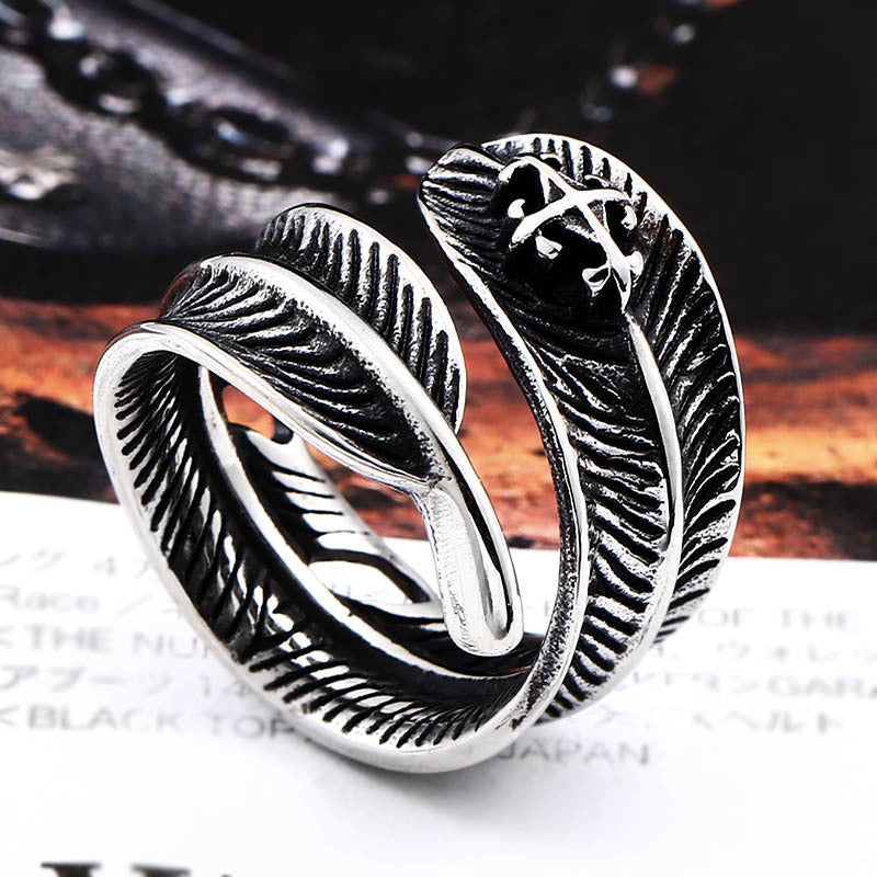 Personalized Retro Titanium Steel Feather Ring for Men - Unique Vintage Jewelry