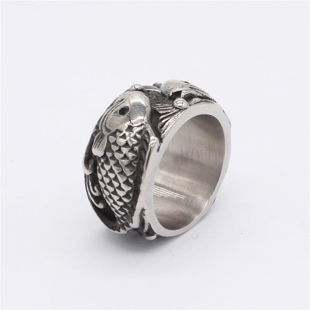 Double Koi Carp Relief Titanium Steel Ring for Men