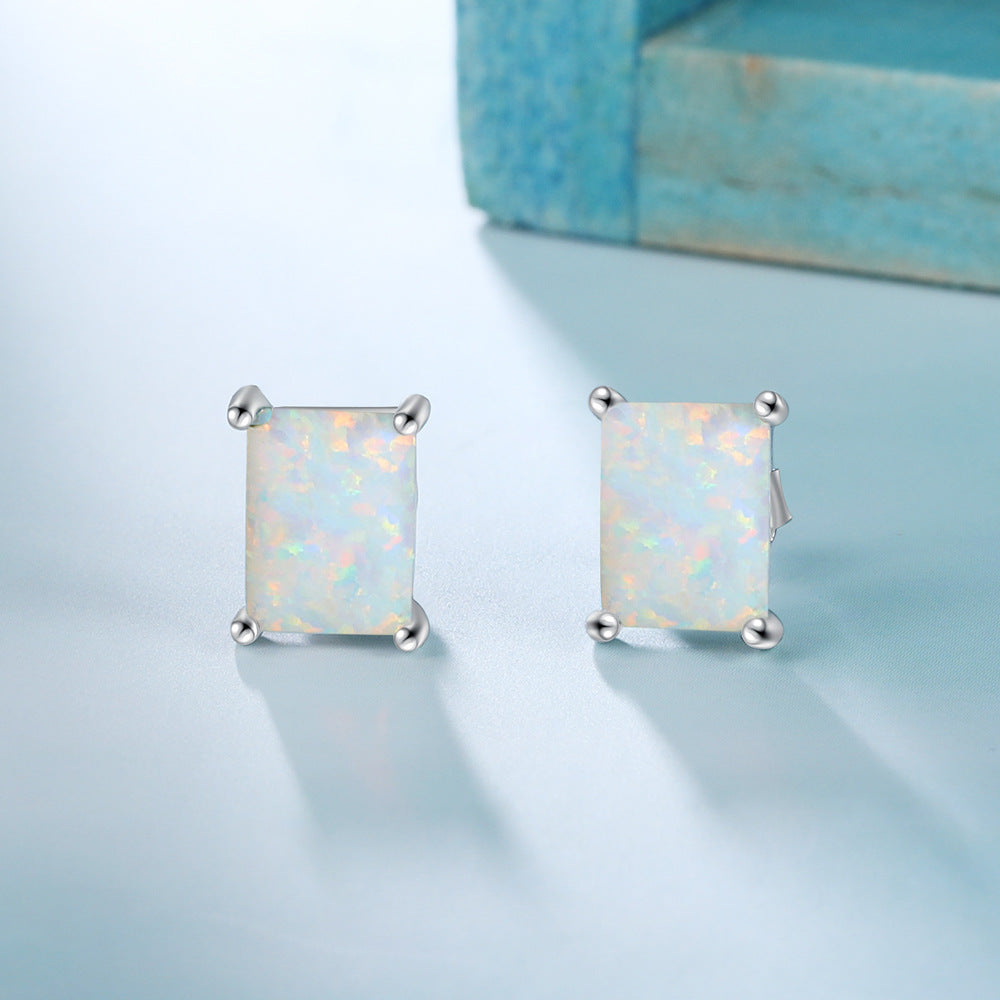 Four Prongs Rectangle Opal Sterling Silver Stud Earrings