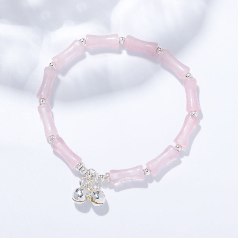 Retro Chinese Style Pink Quartz Crystal Bracelet with Sterling Silver and Fortune Bell Detail