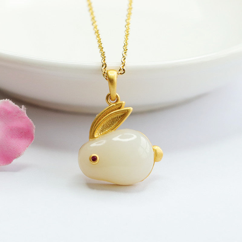 Silver Rabbit Necklace with Natural White Hetian Jade