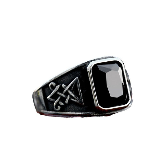 Lucifer Satan Inspired Stainless Steel Men's Ring - Retro Titanium Steel with Stone Inlays, Sizes 7-13 Available