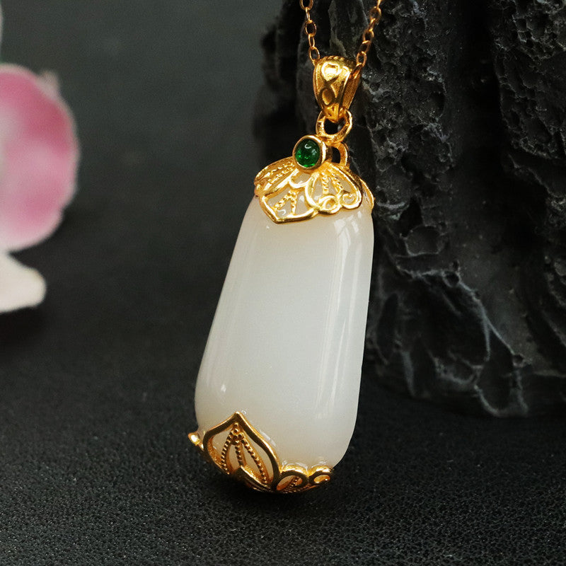 S925 Silver Natural Hotan Jade Pendant Trapezoidal White Jade Necklace