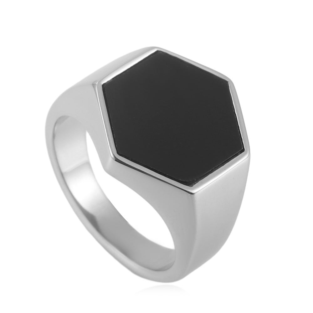 Trendy Hexagonal Titanium Steel Ring for Men and Women - Punk Retro Multi-Color Design